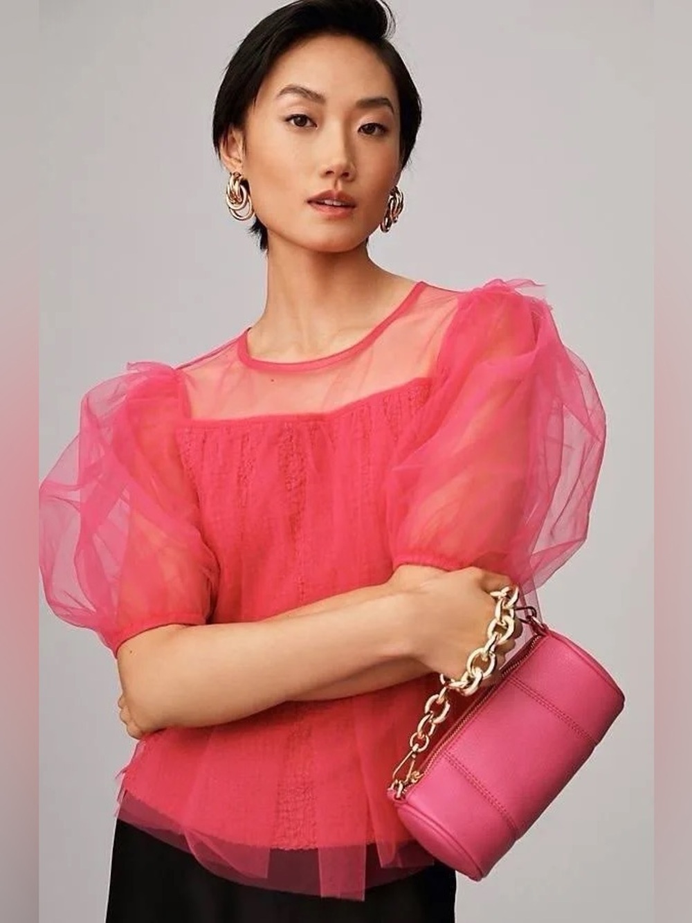 Anthropologie Pink Sheer Tulle Puff Sleeve Smocked Blouse Top Size Small